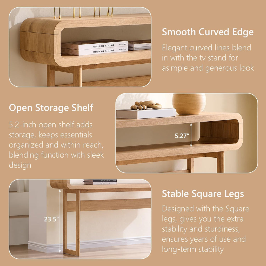 Oak Curved Storage Console Table