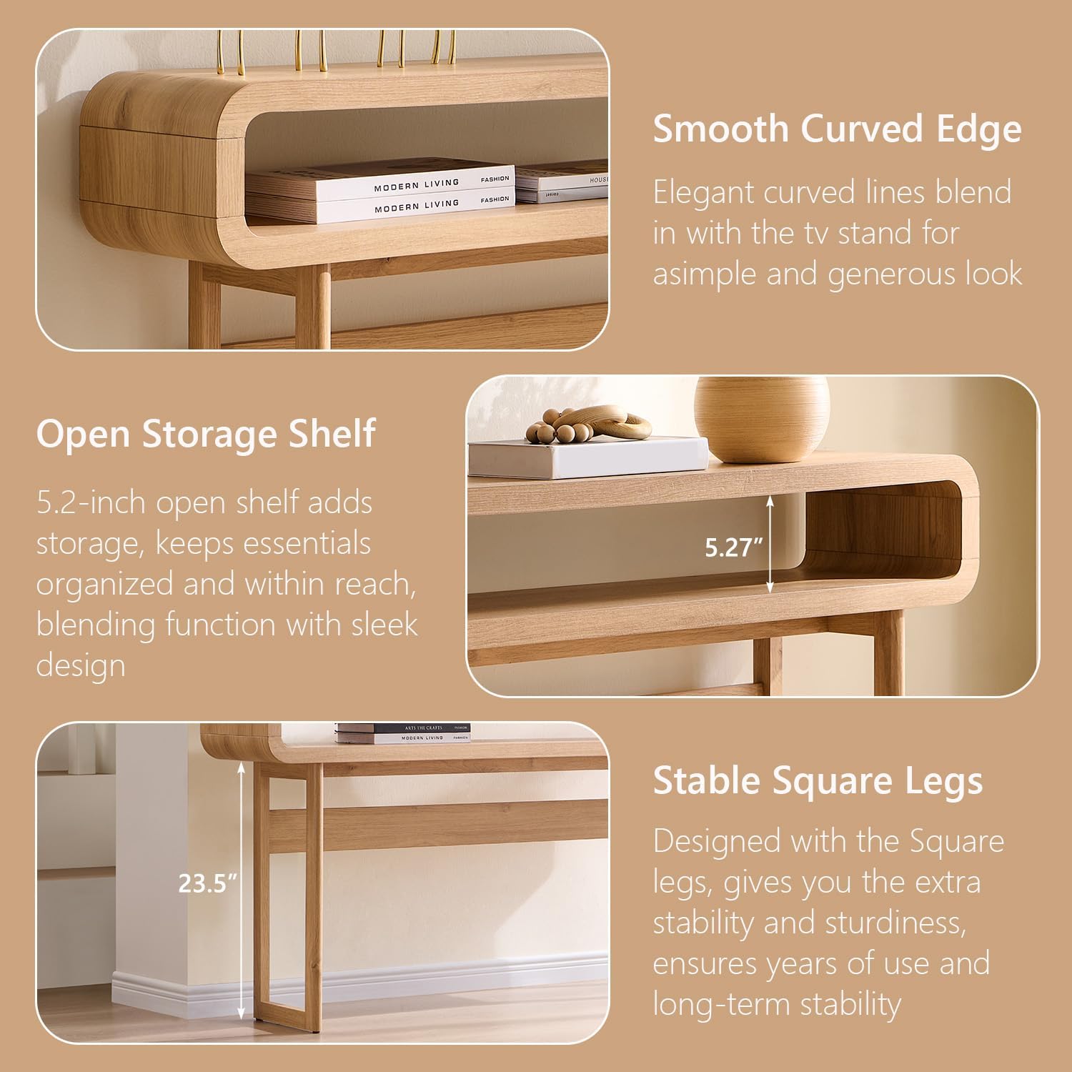 Oak Curved Storage Console Table