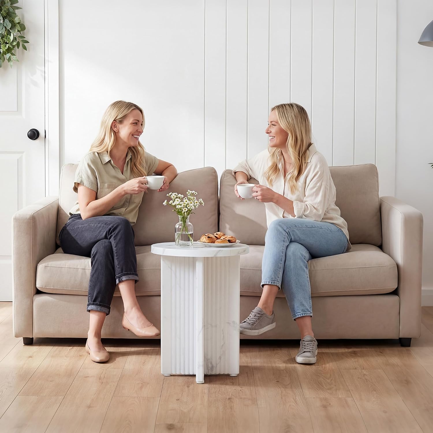 White Fluted Marble Round Side Table