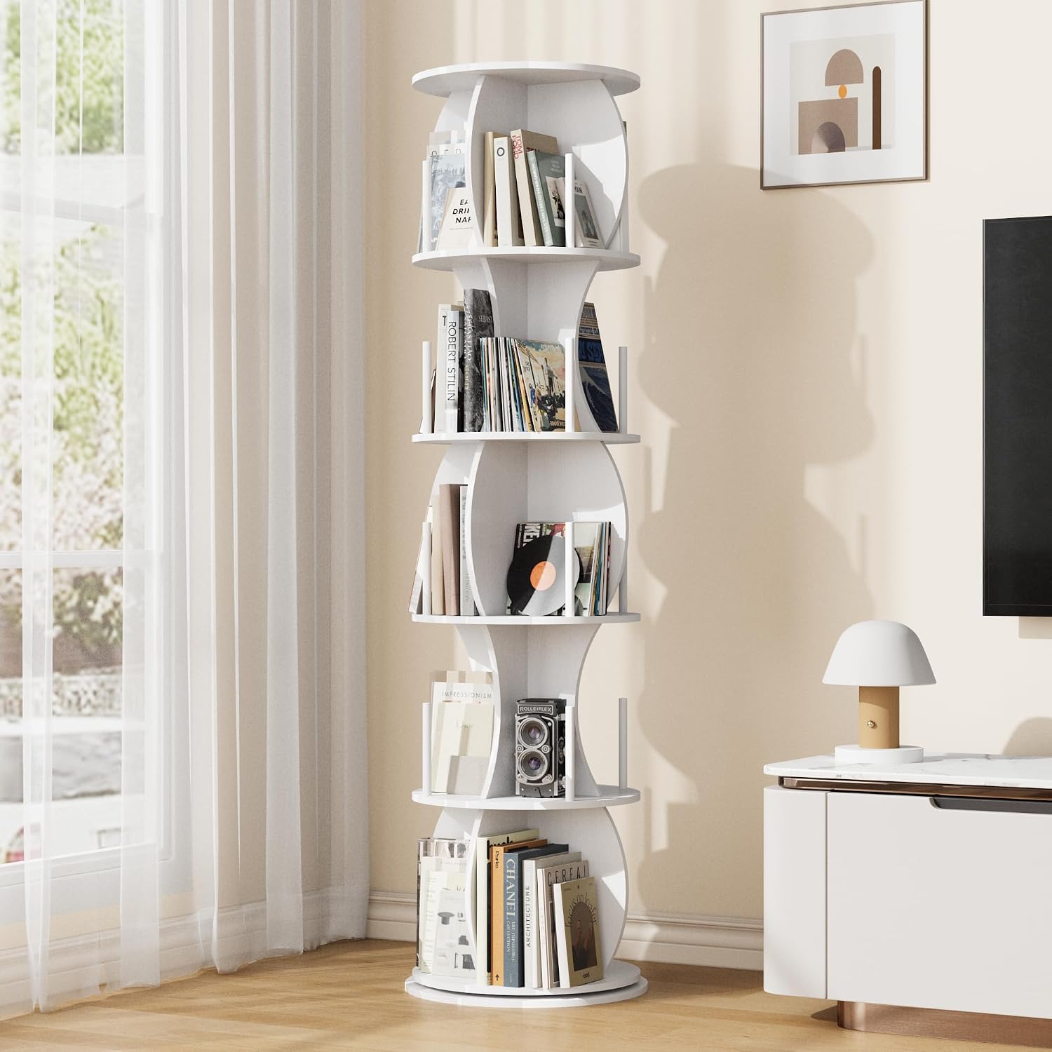 White 5 Tier Rotating Bookcase