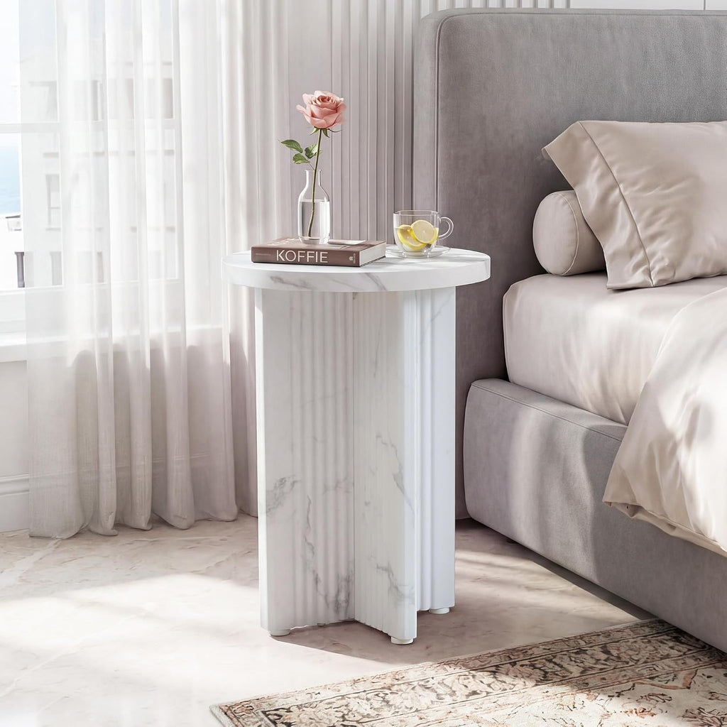 White Fluted Marble Round Side Table