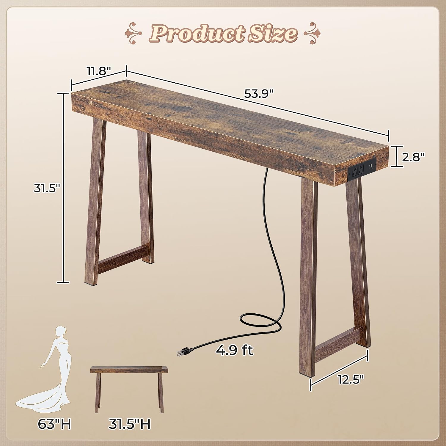 Rustic Brown Charging Console Table