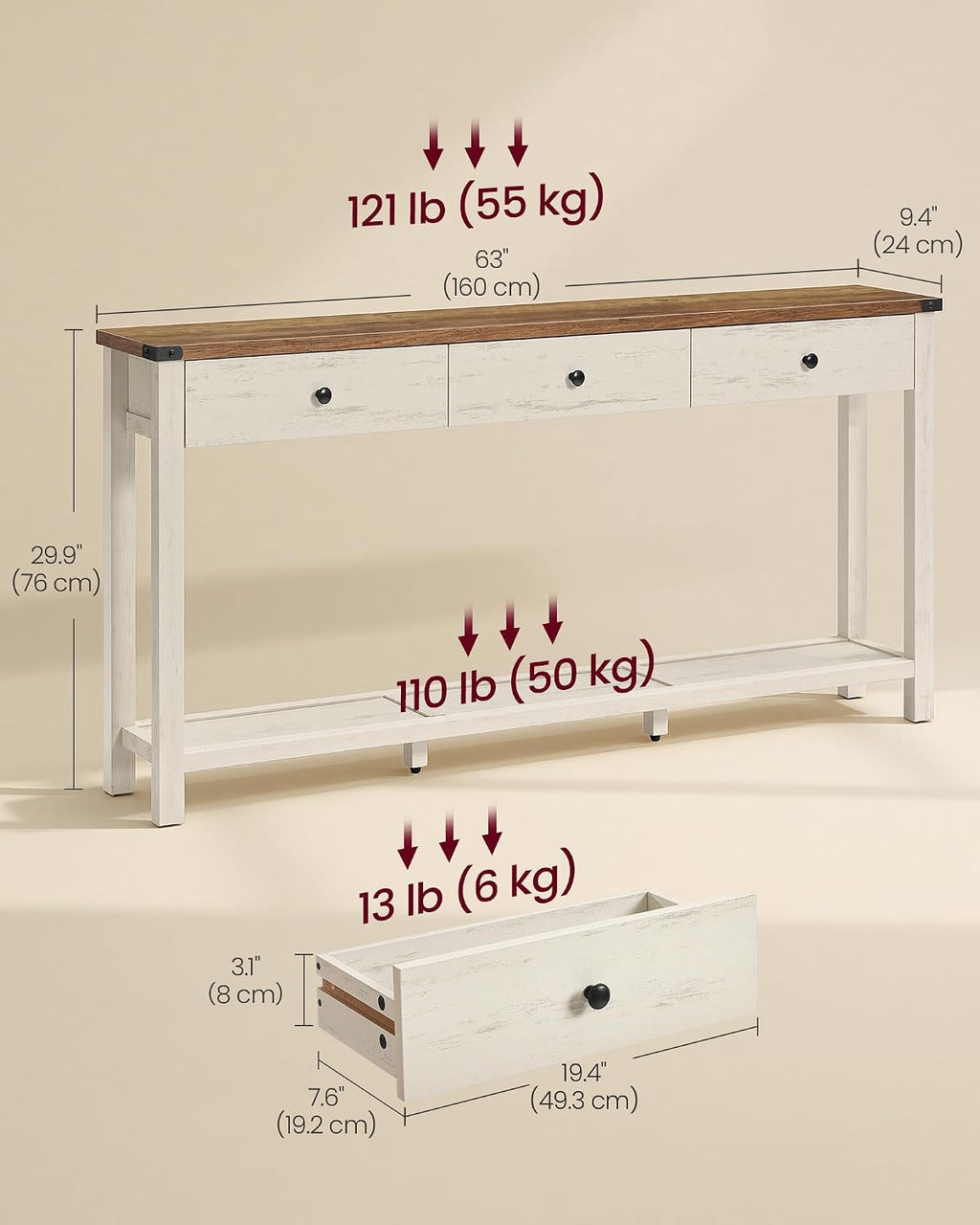 Brown White Drawer Console Table