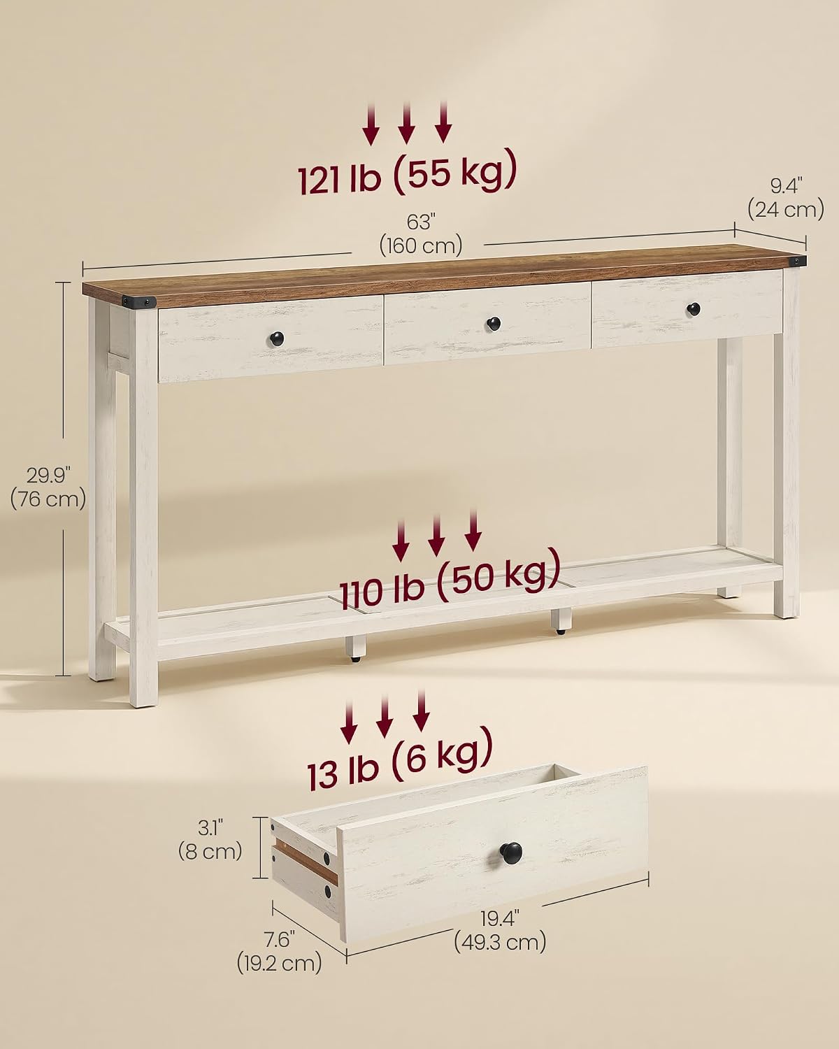 Brown White Drawer Console Table