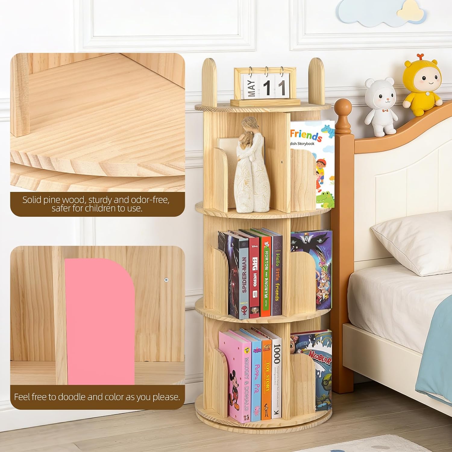 Pine Wood Kids Rotating Bookcase