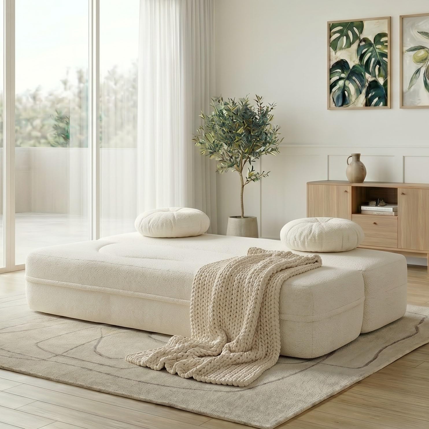 White Convertible Curved Sofa Bed
