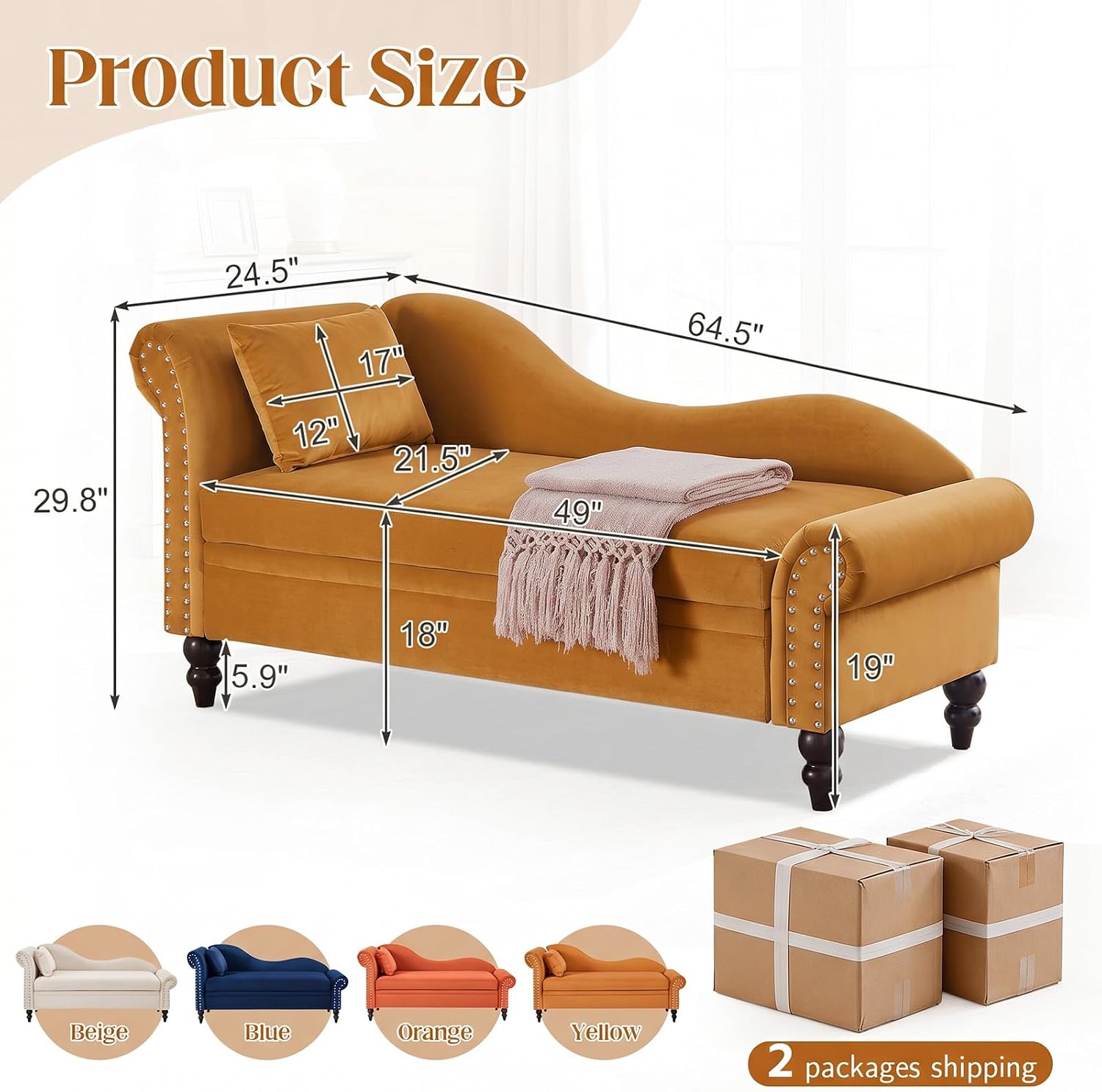 Yellow Velvet Storage Chaise Lounge