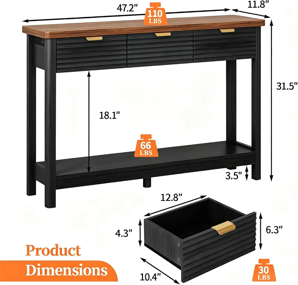 Black Walnut Drawer Charging Console Table