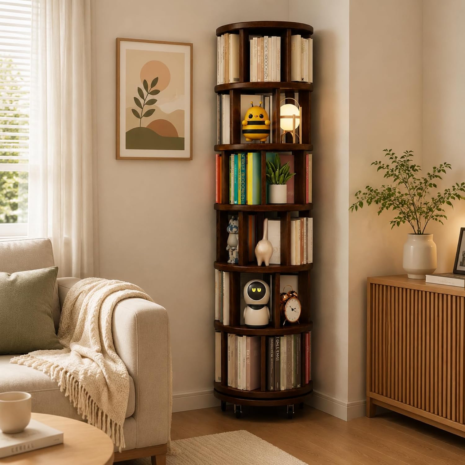 Walnut Wooden Rotating Bookcase