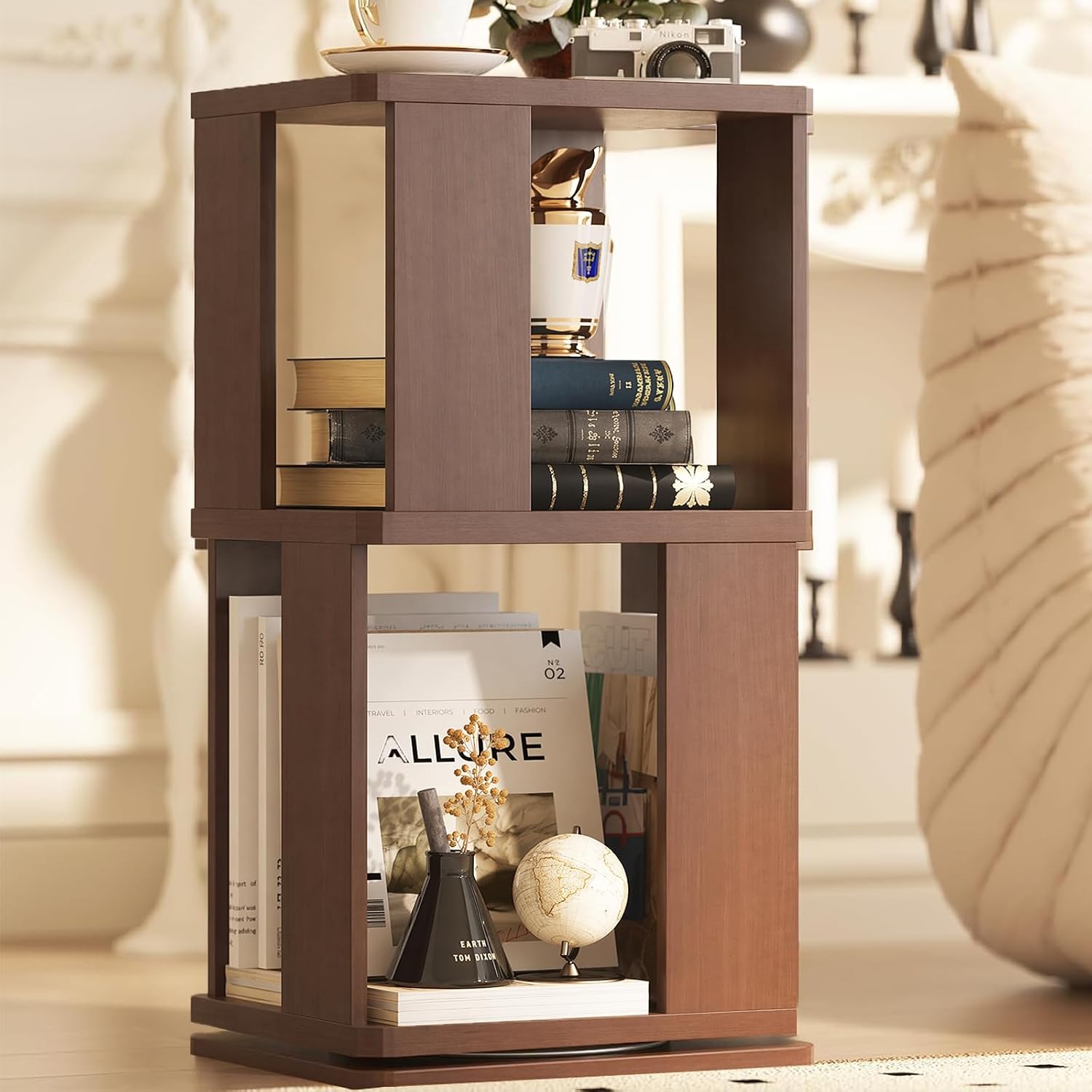 Brown Wooden Rotating Bookshelf