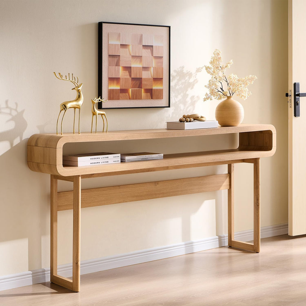 Oak Curved Storage Console Table