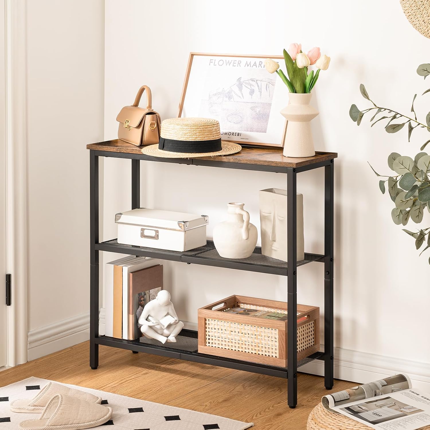 Brown Black Three-Tier Console Table