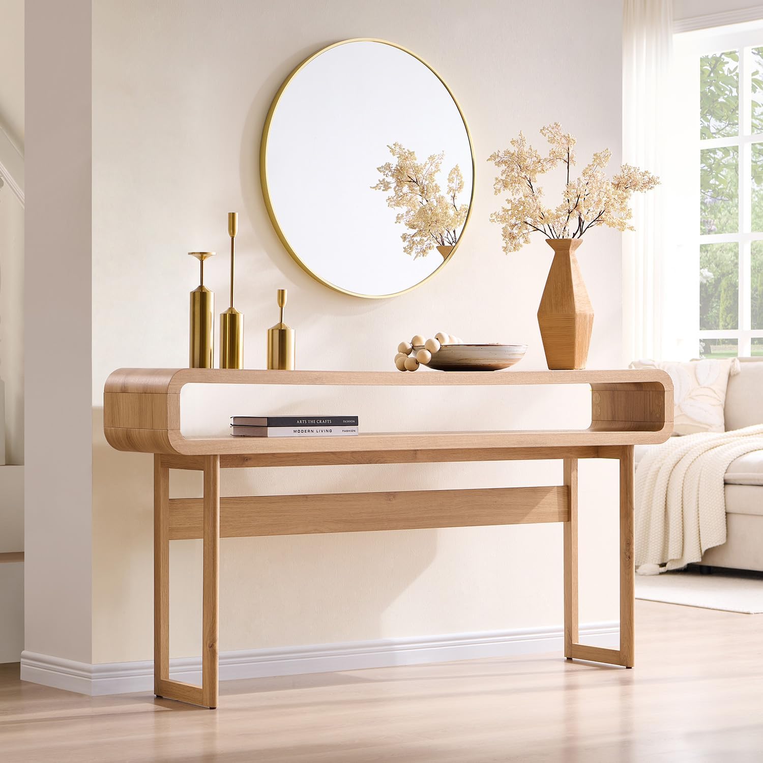 Oak Curved Storage Console Table