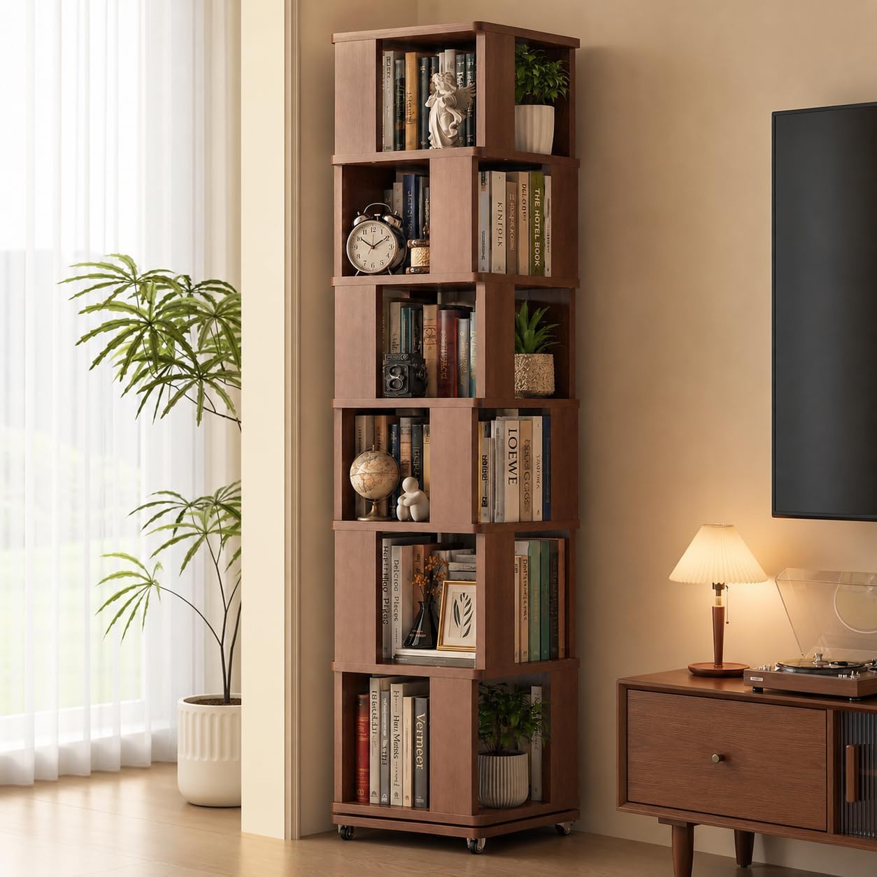 Brown Wooden Rotating Bookshelf