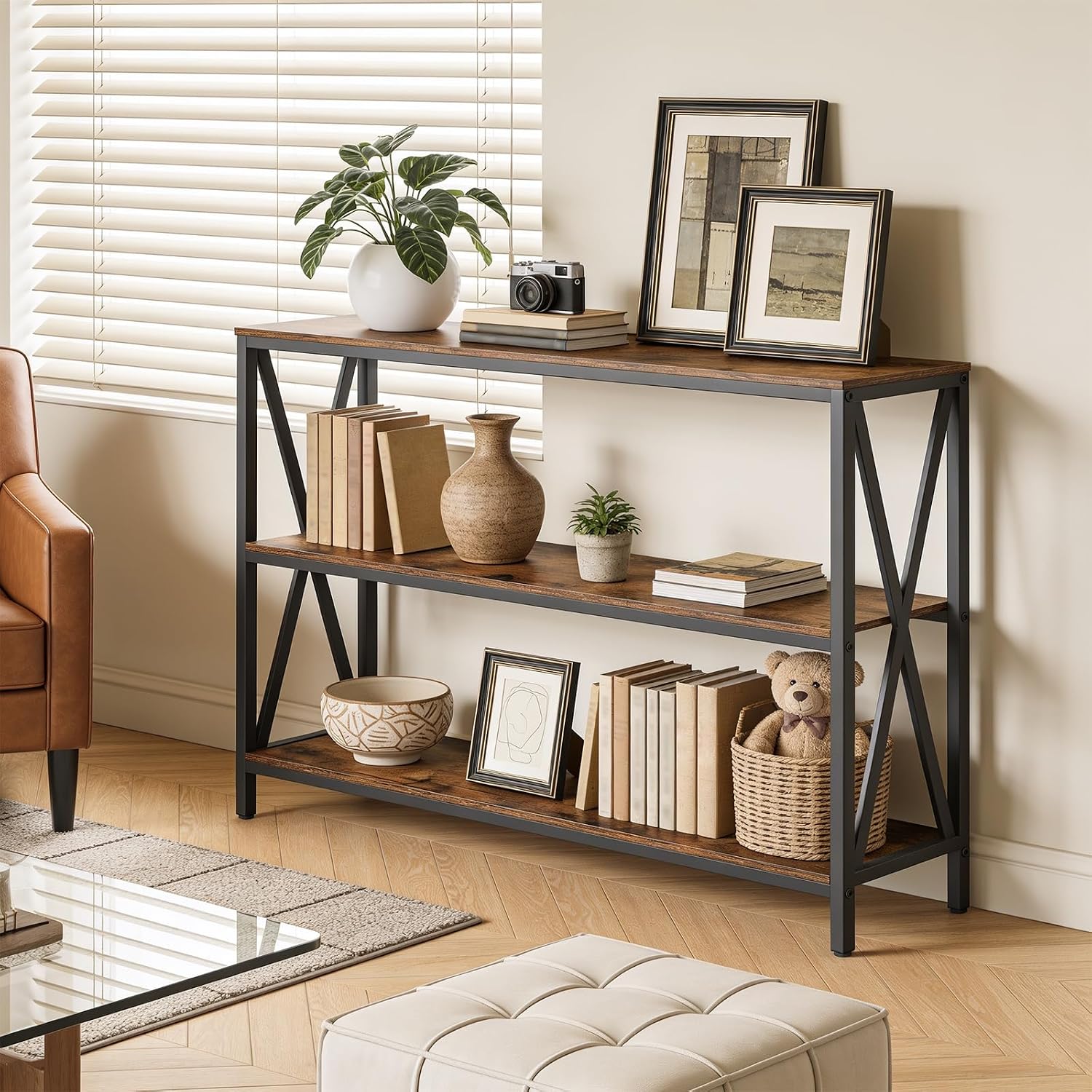 Rustic Brown Three-Tier Console Table