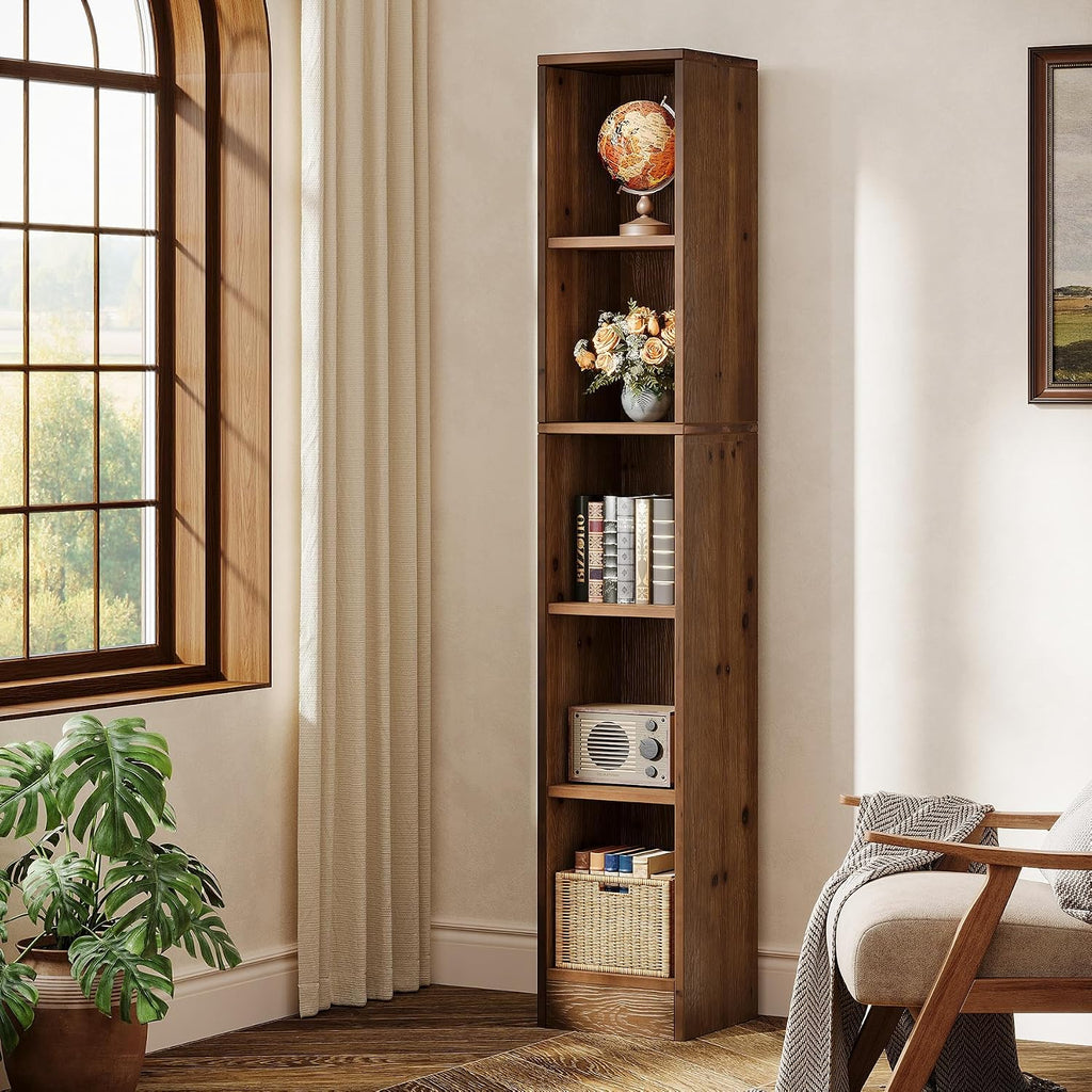 Tall Brown Narrow Wooden Bookshelf