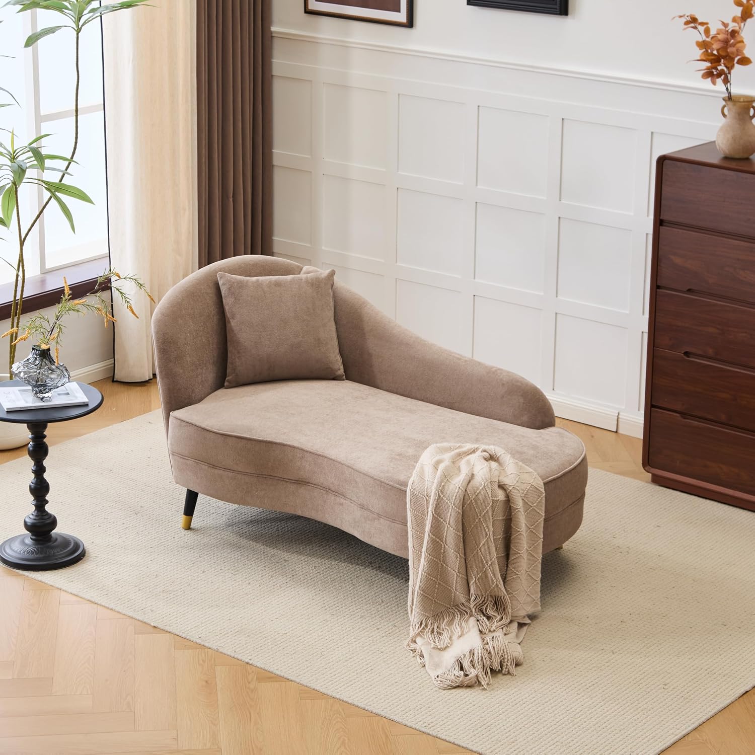 Camel Velvet Curved Chaise Lounge