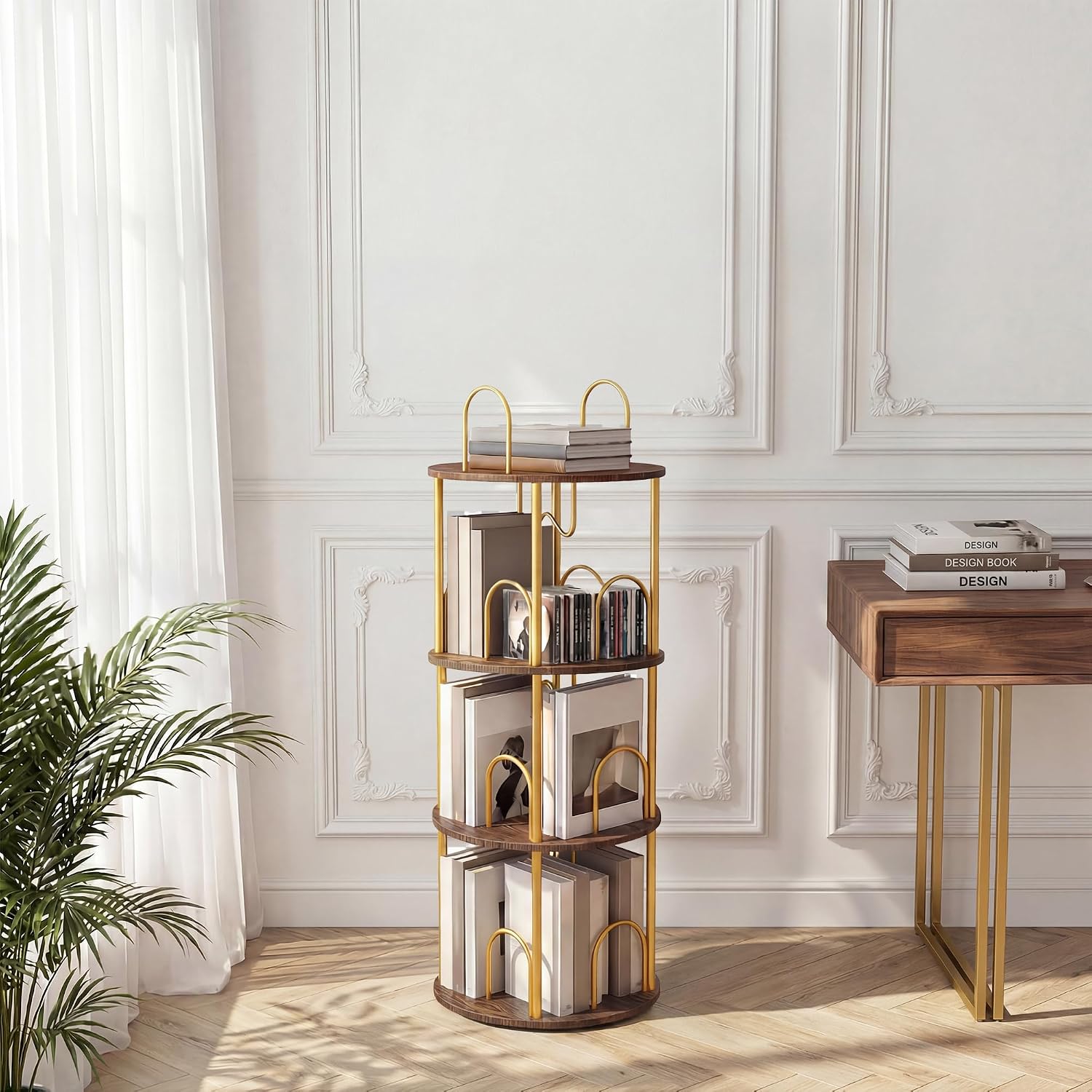 Gold Rotating Tall Corner Bookcase