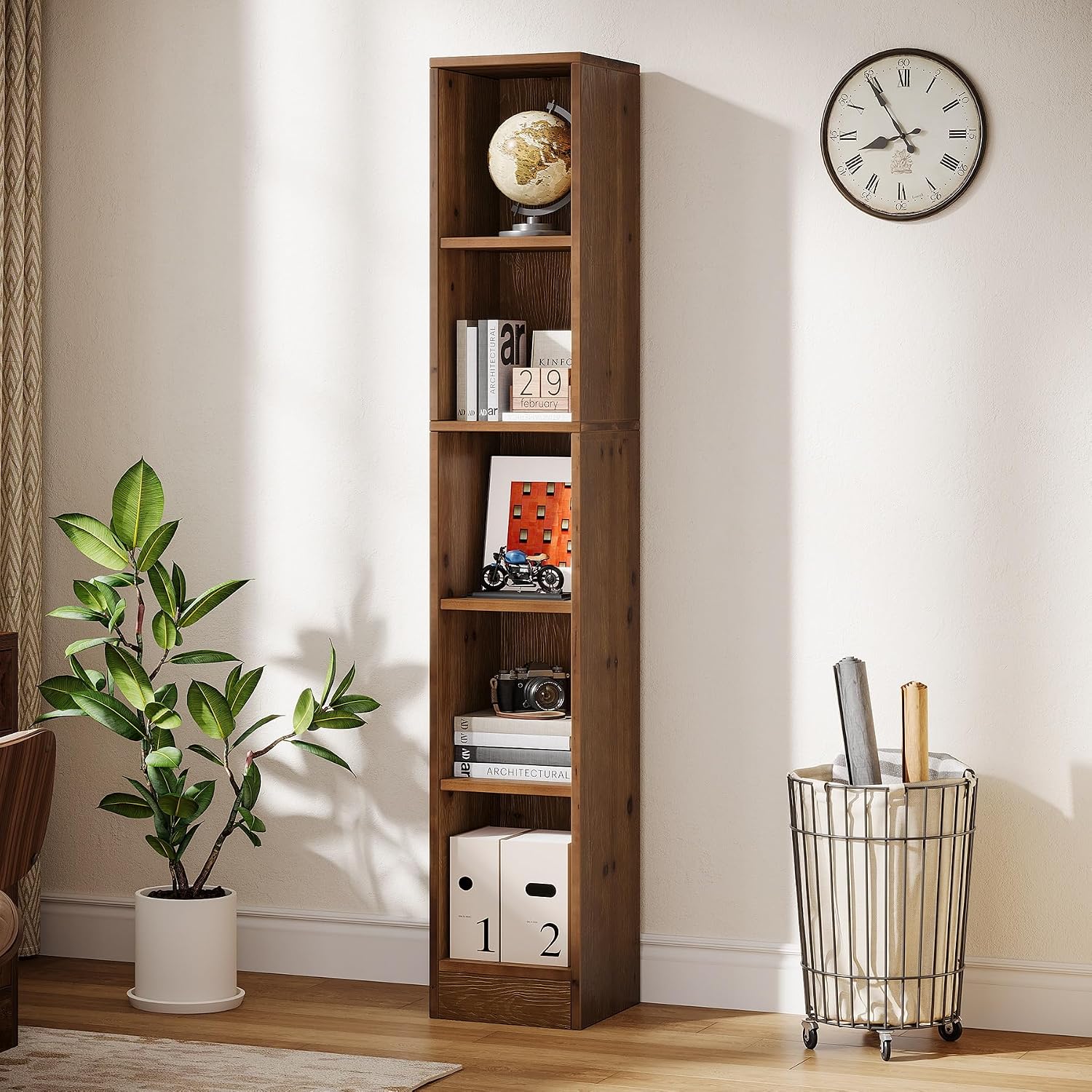 Tall Brown Narrow Wooden Bookshelf