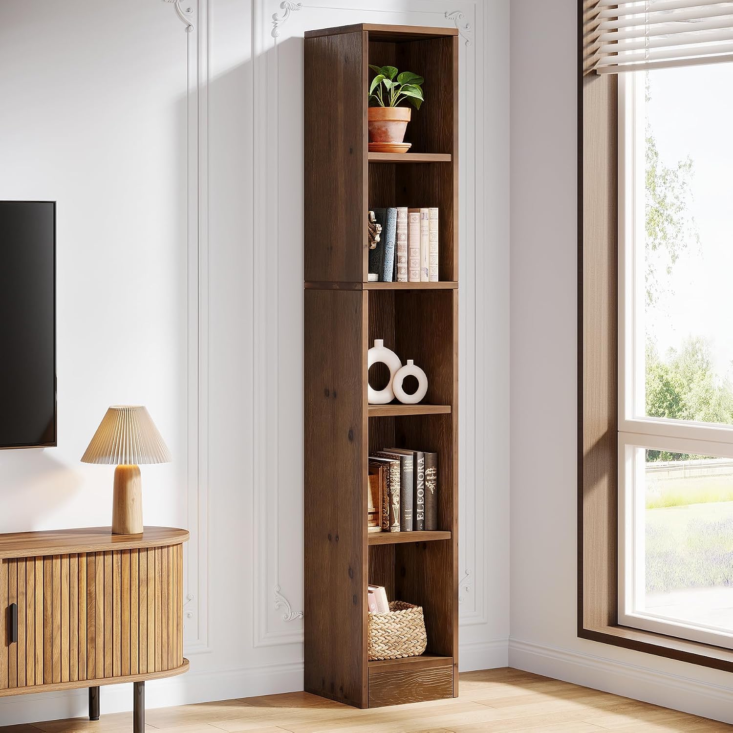 Tall Brown Narrow Wooden Bookshelf