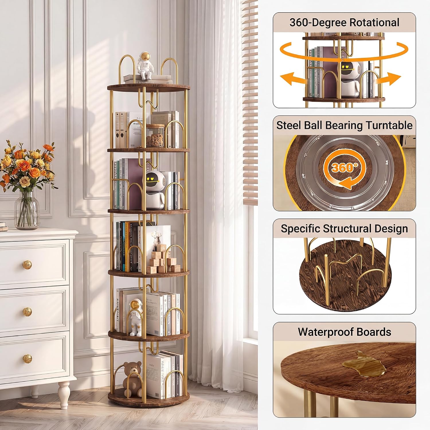 Gold Rotating Tall Corner Bookcase
