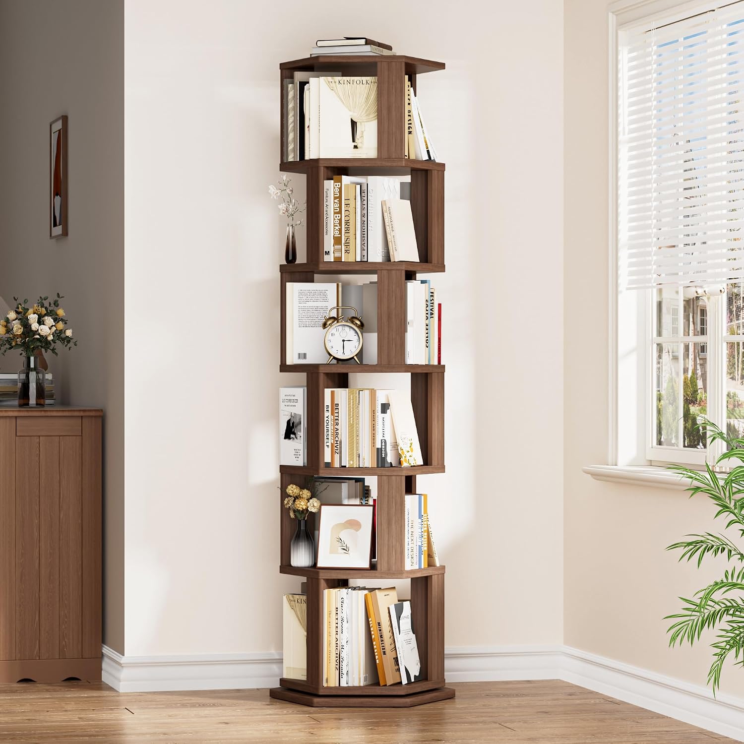 Walnut Round Rotating Bookcase