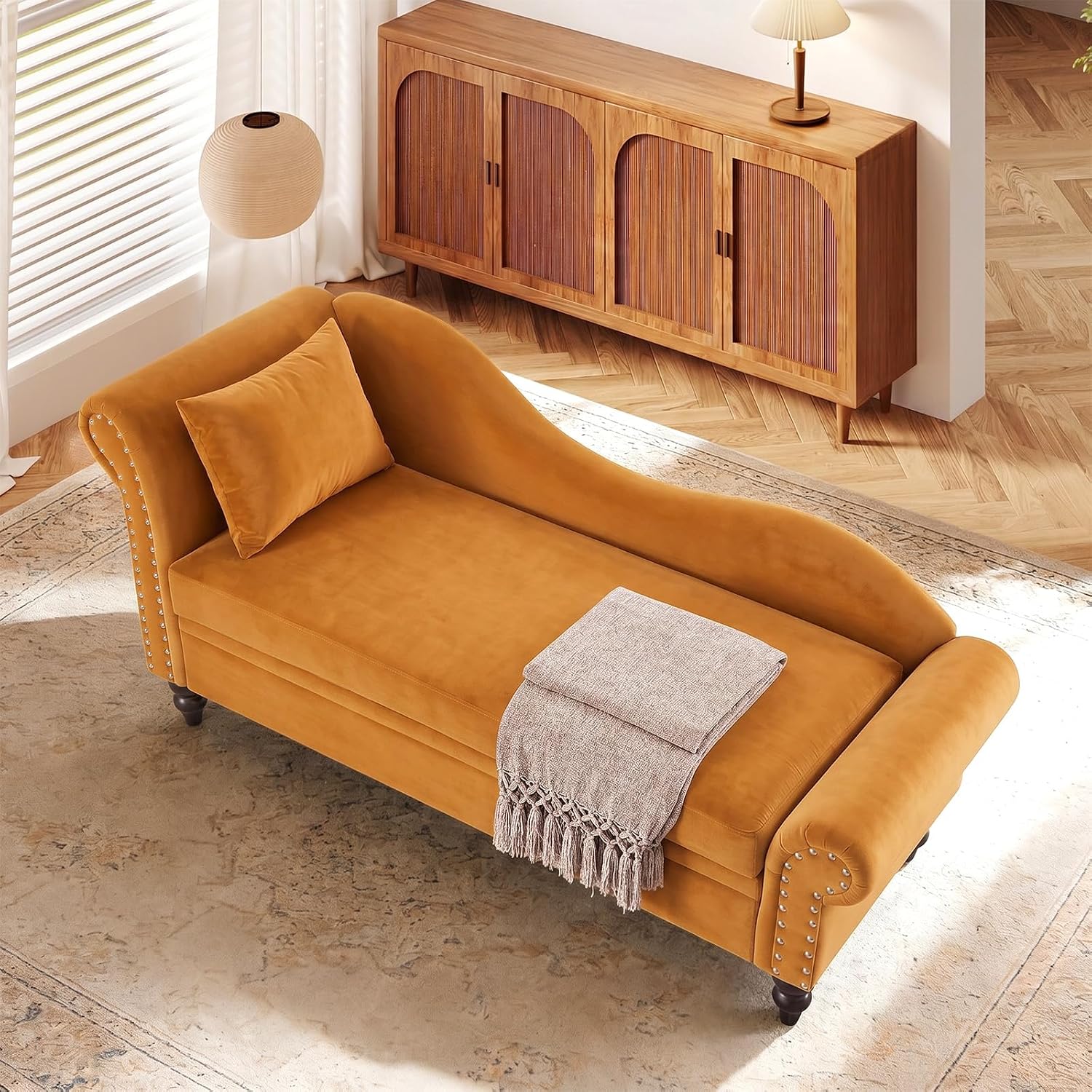 Yellow Velvet Storage Chaise Lounge