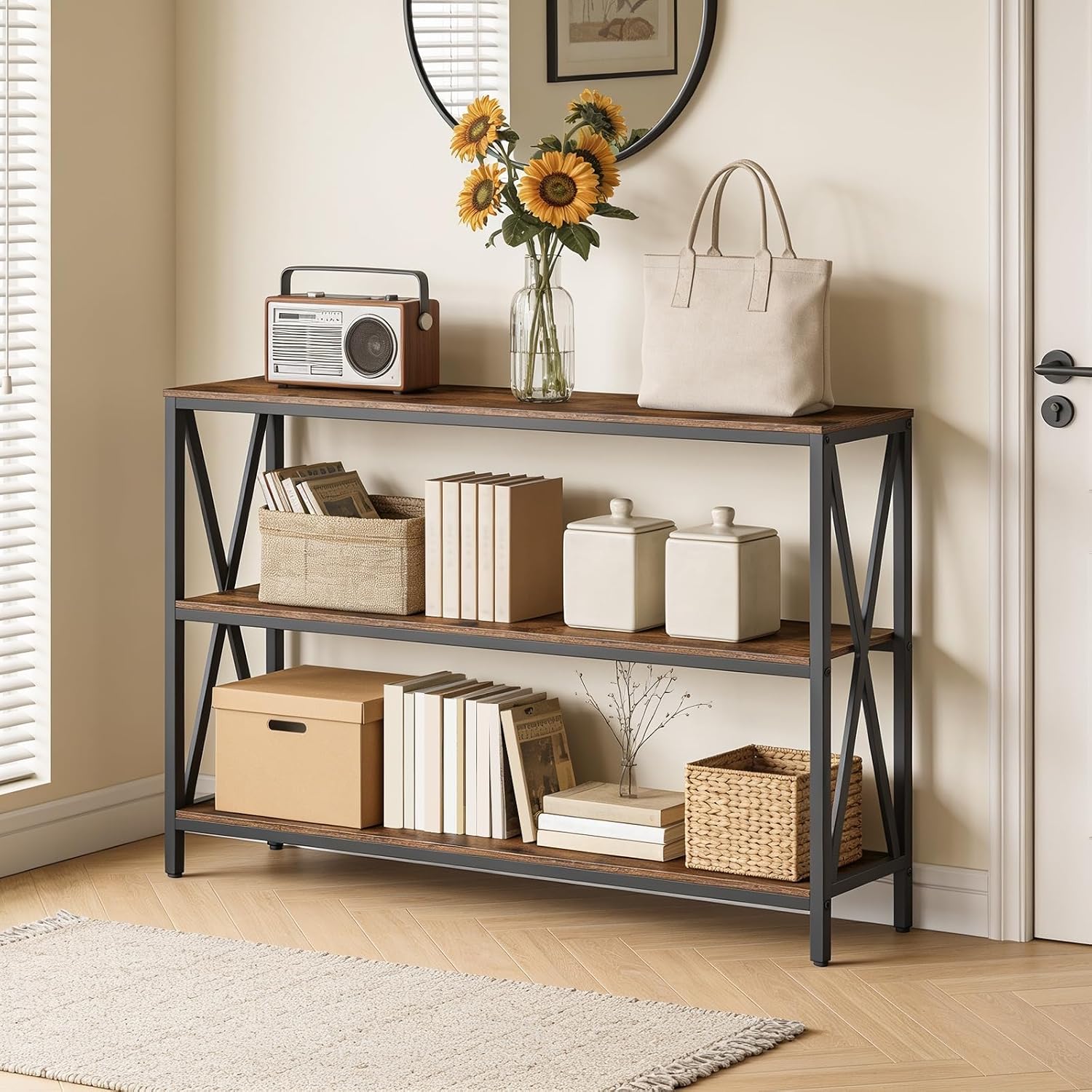 Rustic Brown Three-Tier Console Table
