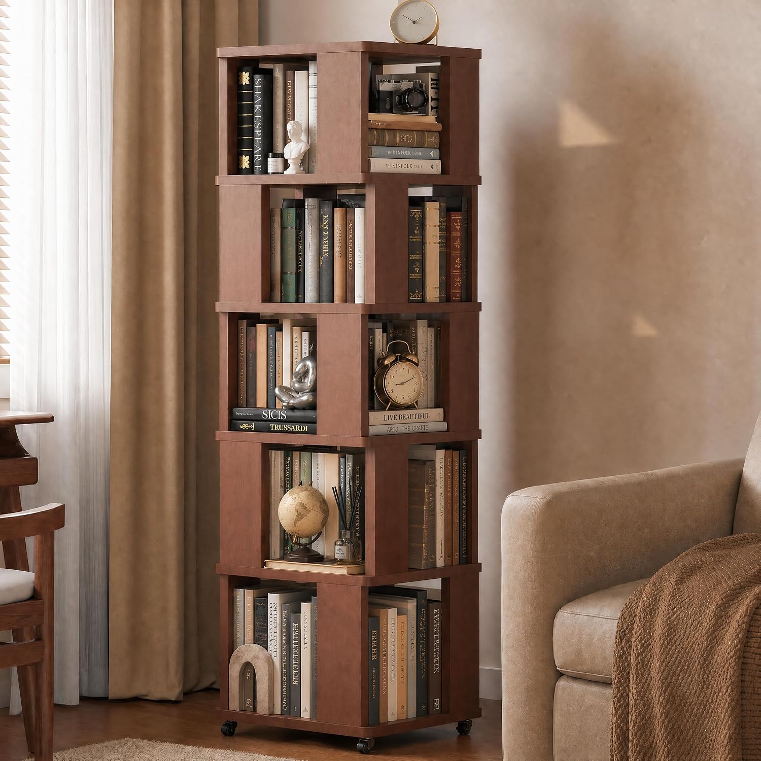 Brown Wooden Rotating Bookshelf