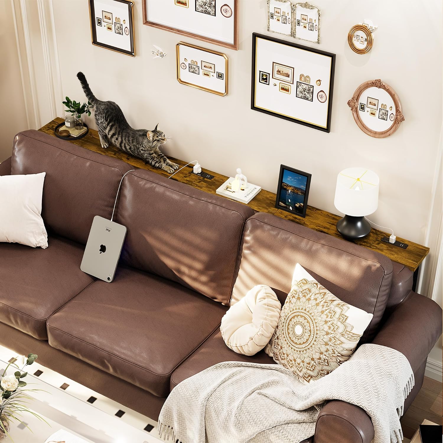 Long Brown Charging Console Table