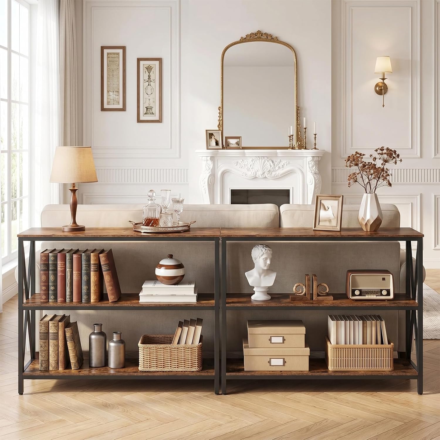 Rustic Brown Three-Tier Console Table