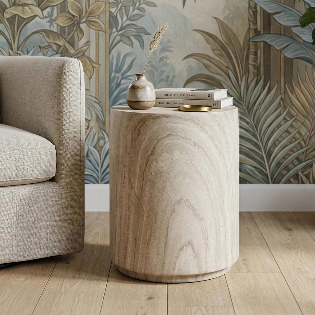 Beige Stone Round Drum Side Table