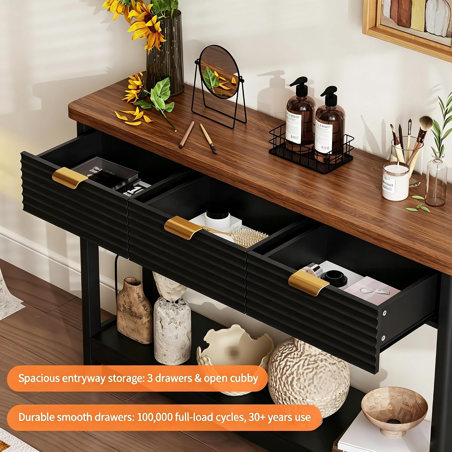 Black Walnut Drawer Charging Console Table