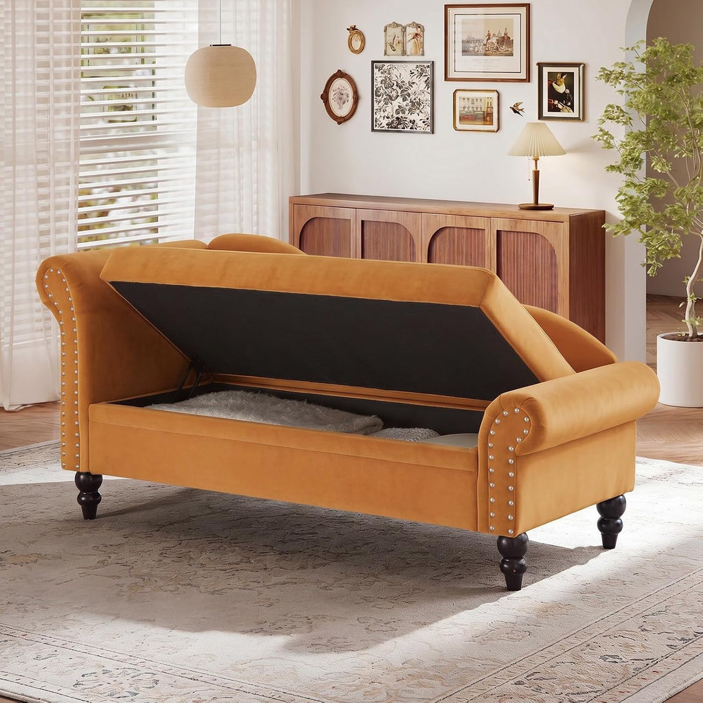 Yellow Velvet Storage Chaise Lounge