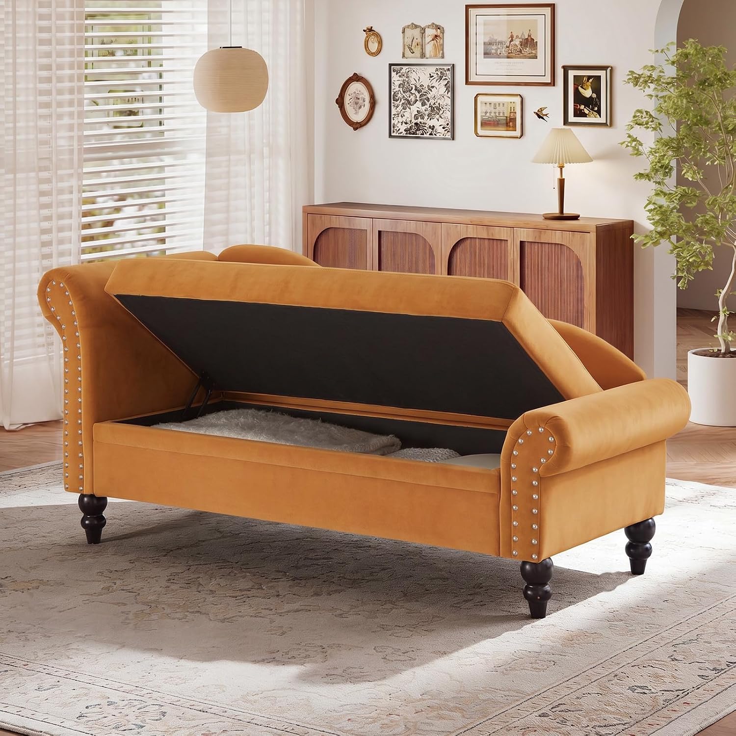 Yellow Velvet Storage Chaise Lounge