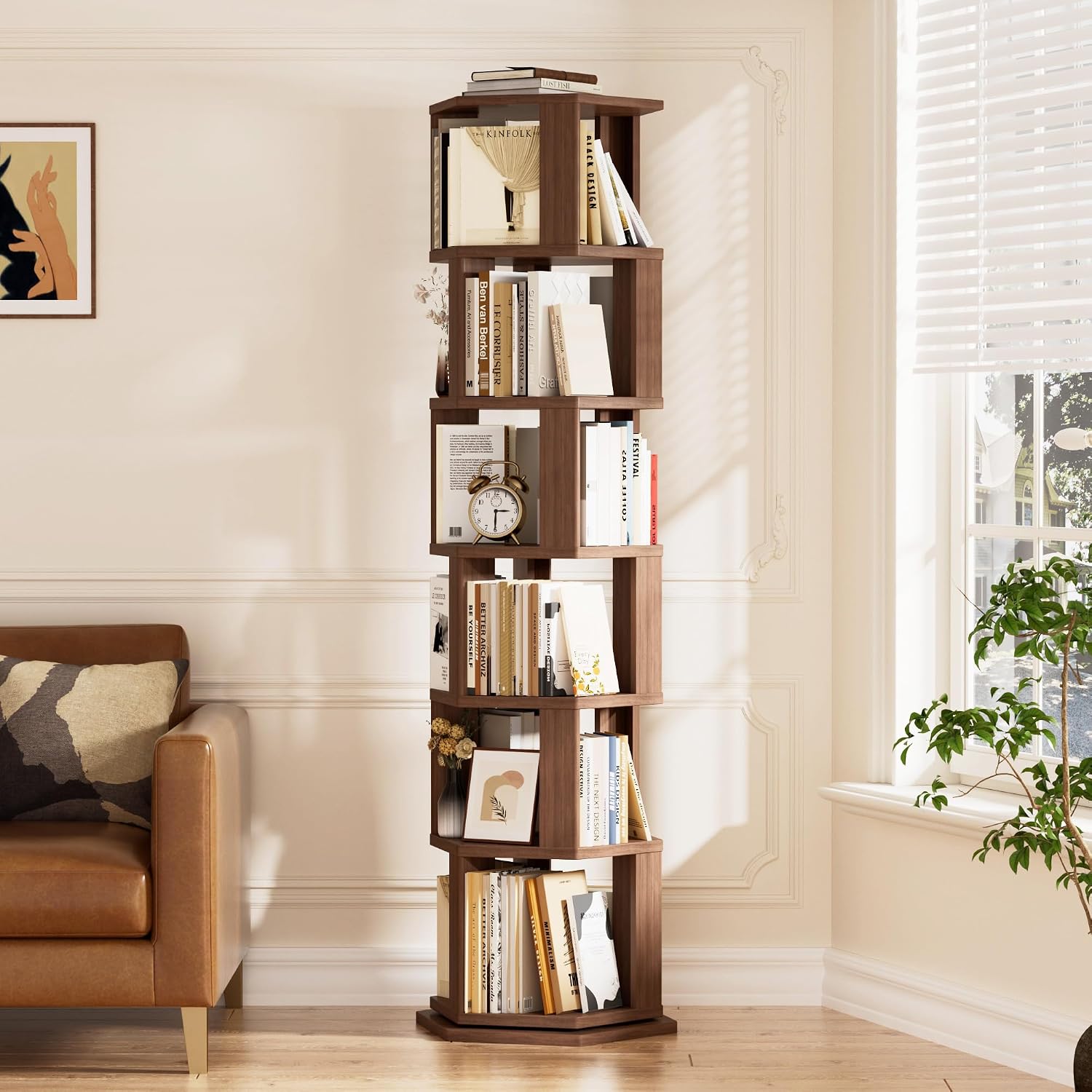 Walnut Round Rotating Bookcase
