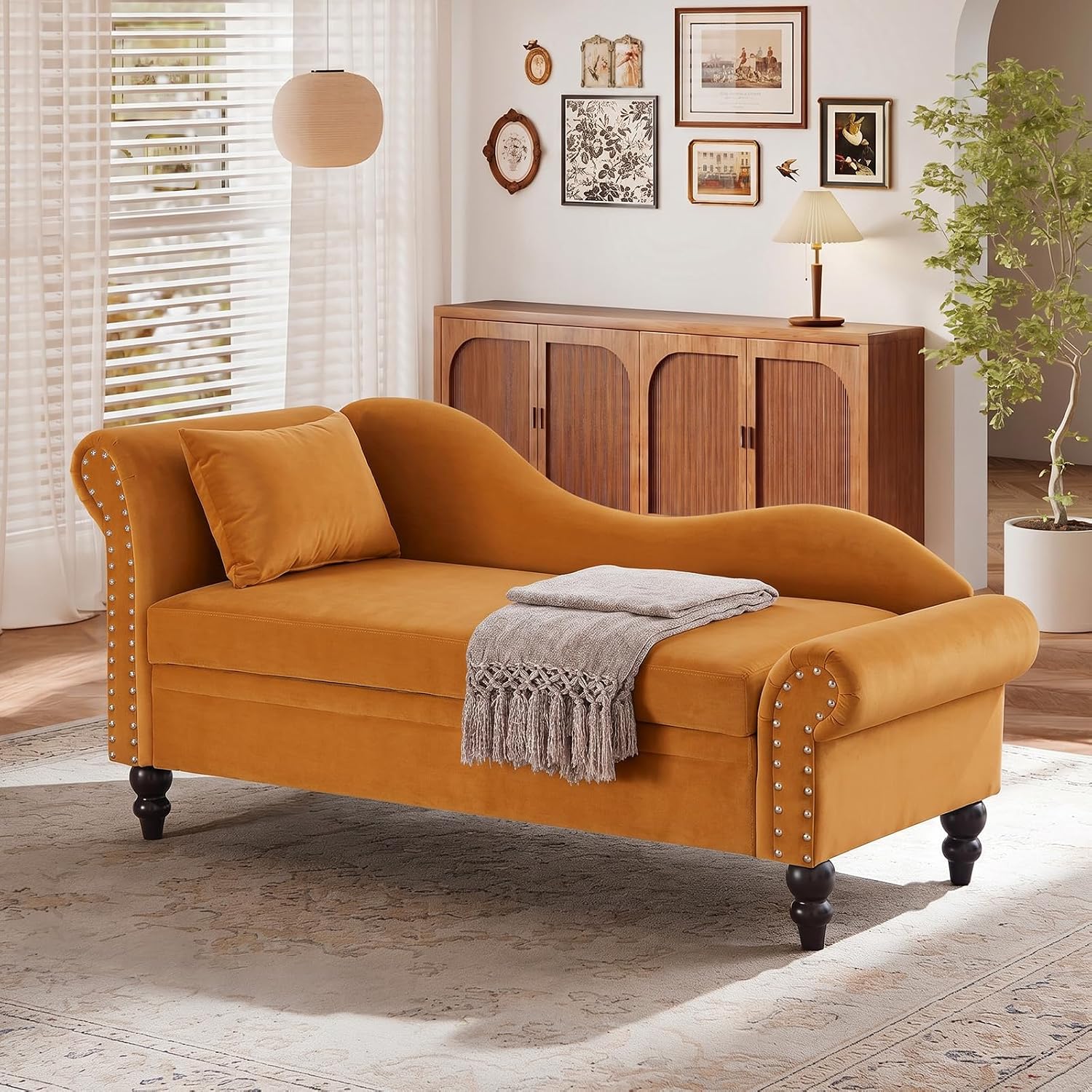 Yellow Velvet Storage Chaise Lounge