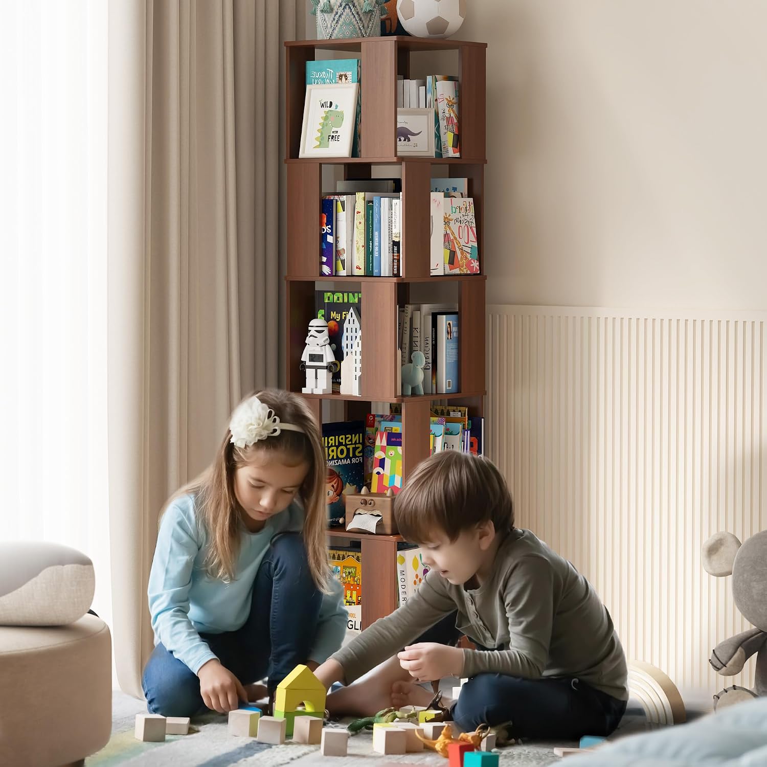 Brown Wooden Rotating Bookshelf