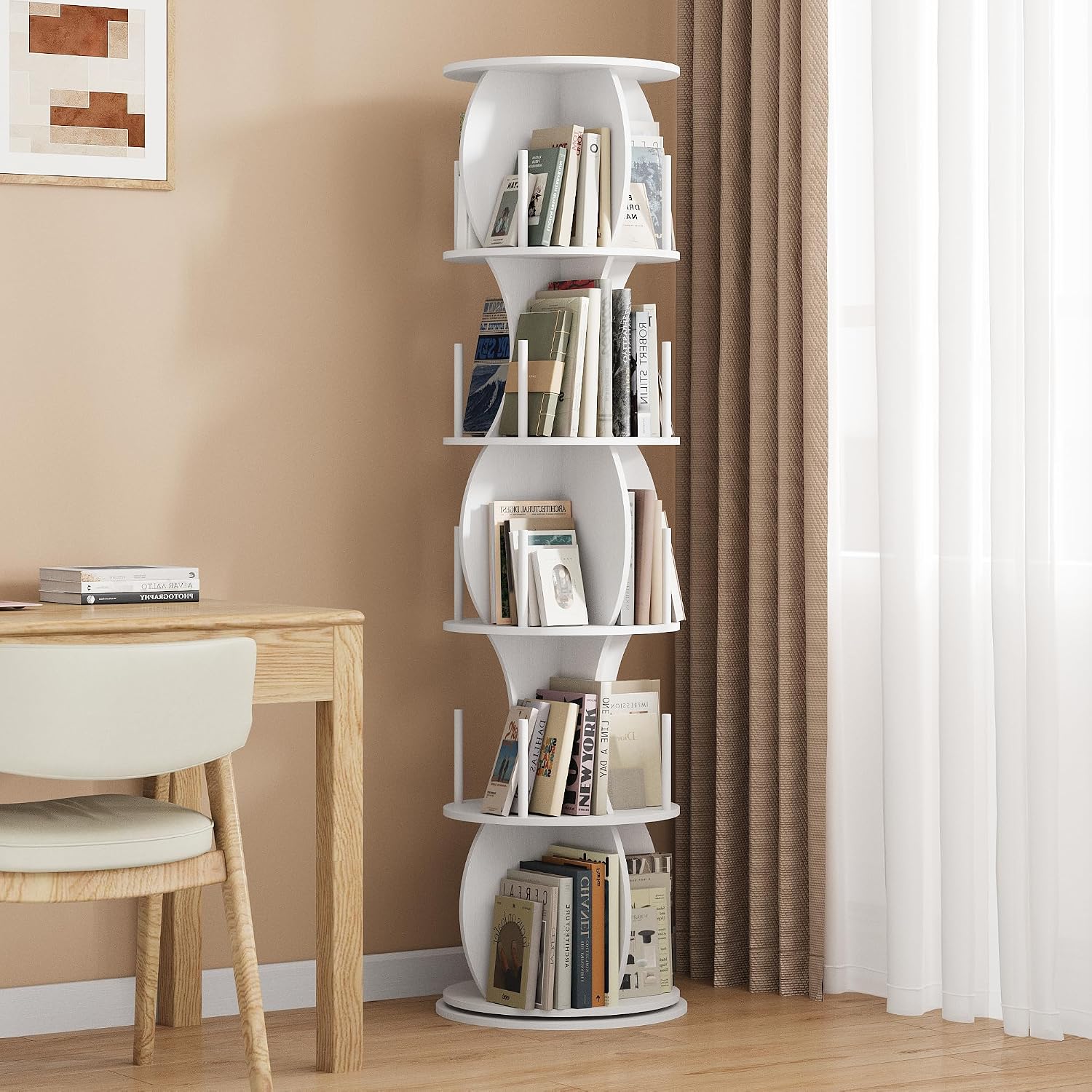 White 5 Tier Rotating Bookcase