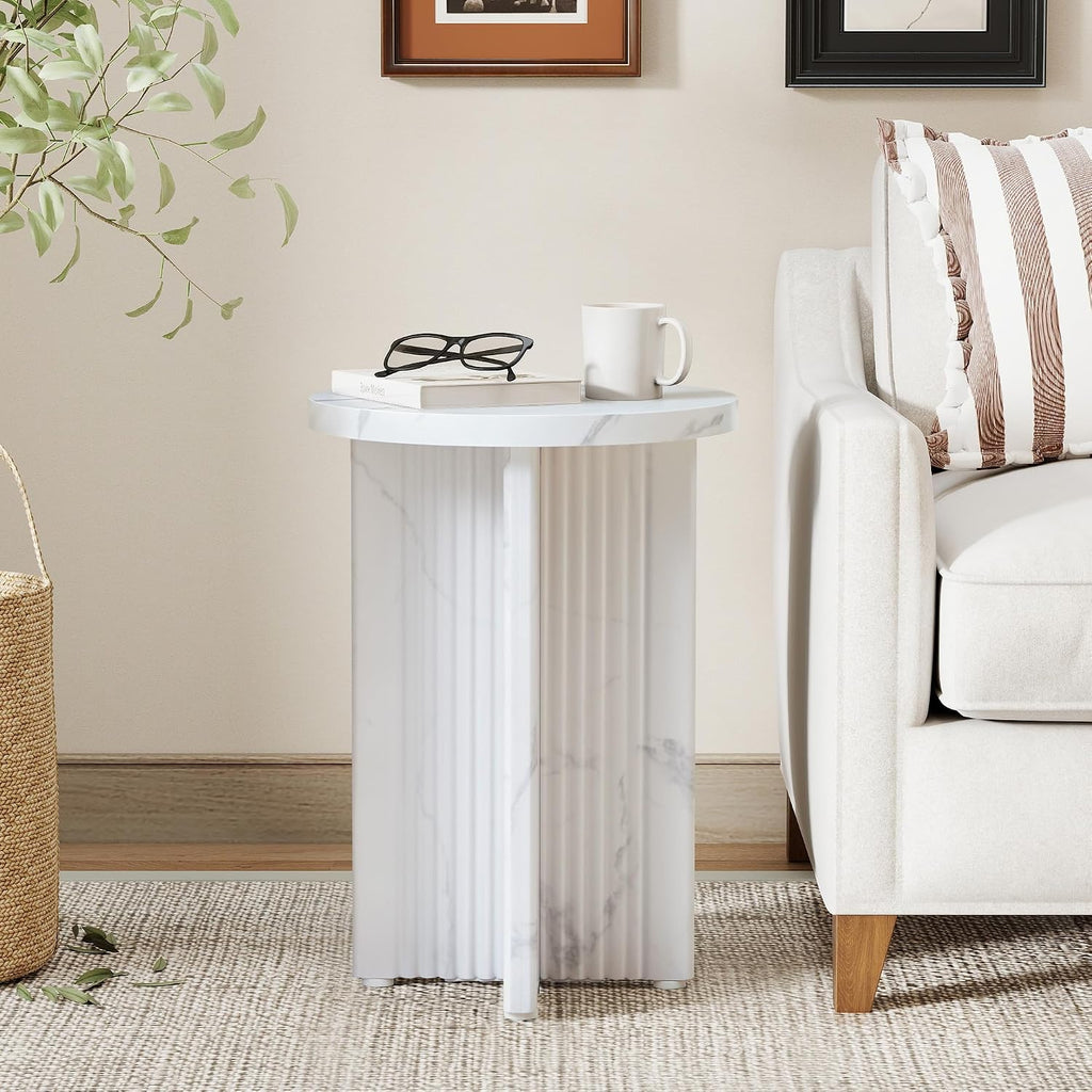 White Fluted Marble Round Side Table