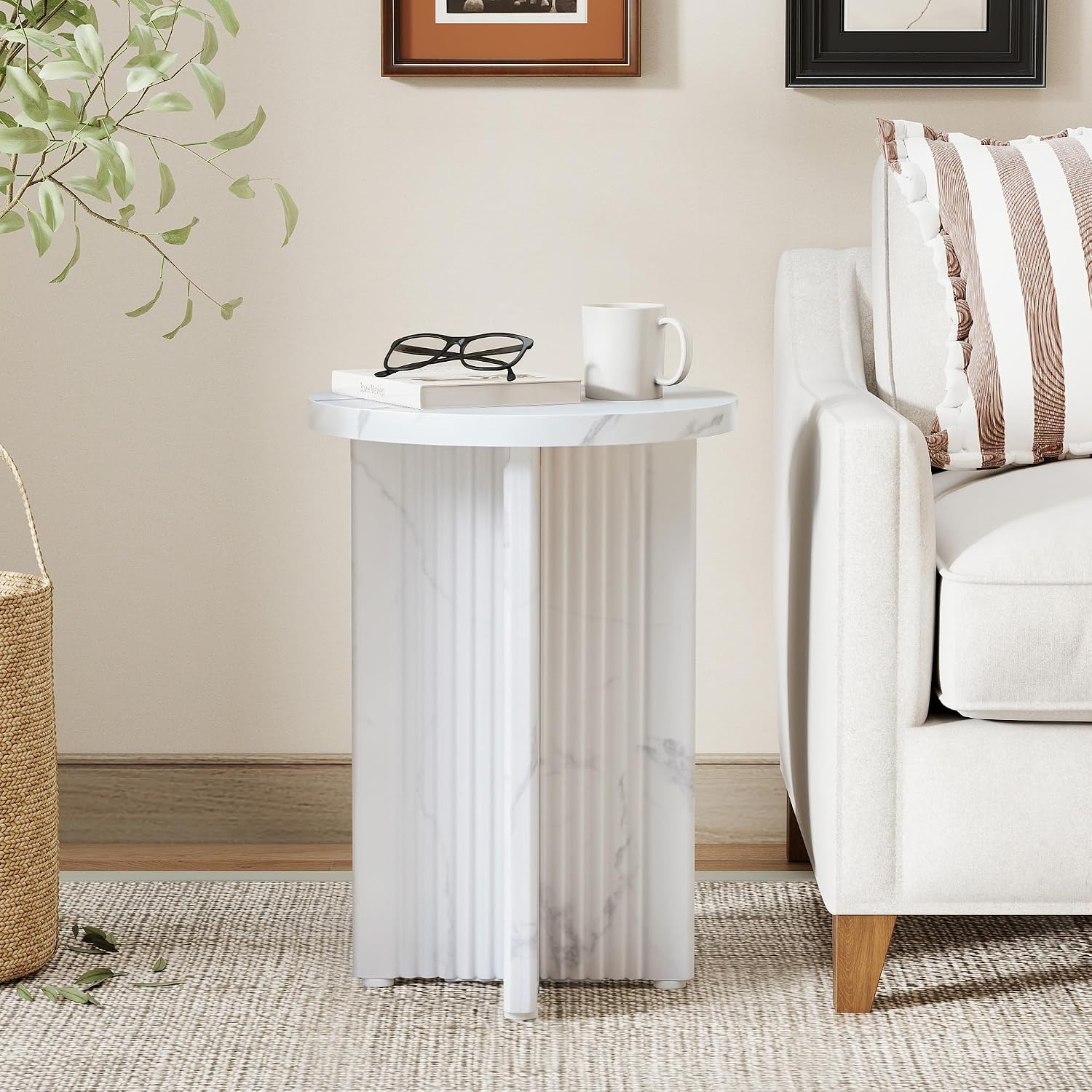 White Fluted Marble Round Side Table