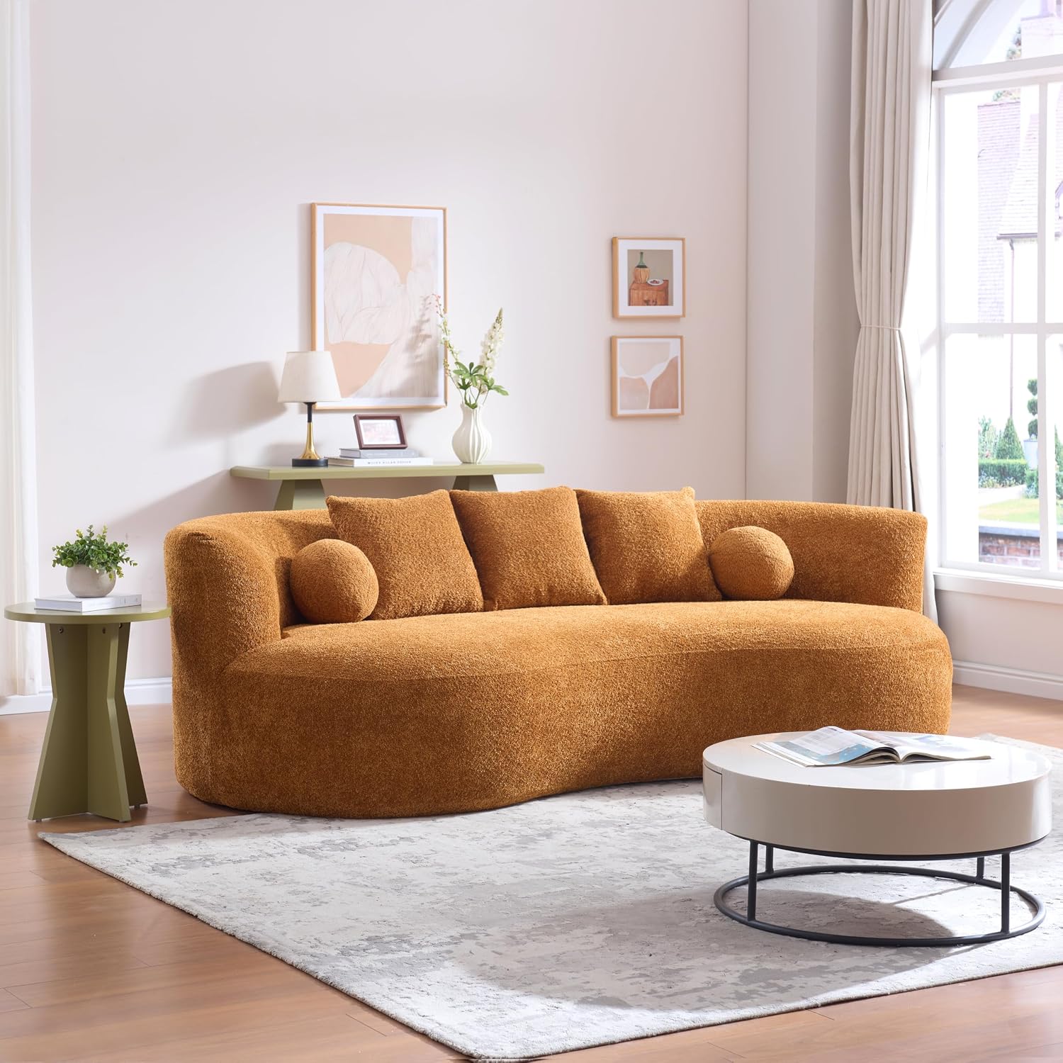Camel Boucle Curved Three Seater Sofa