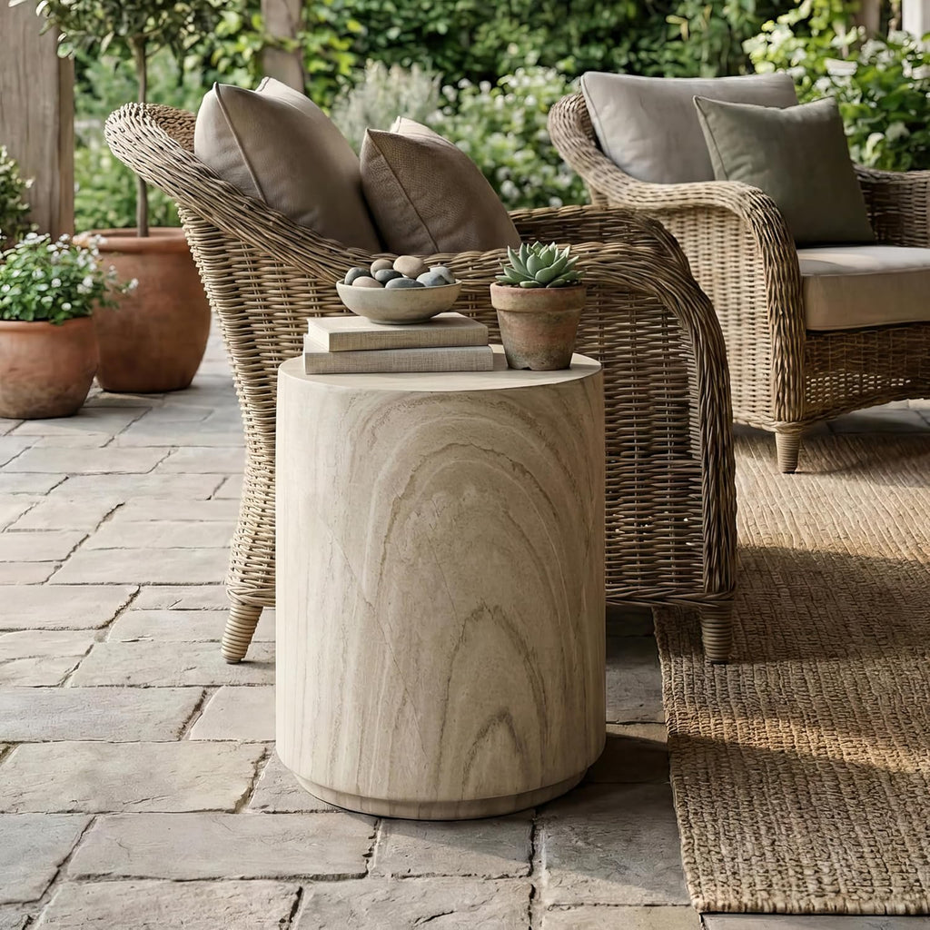 Beige Stone Round Drum Side Table