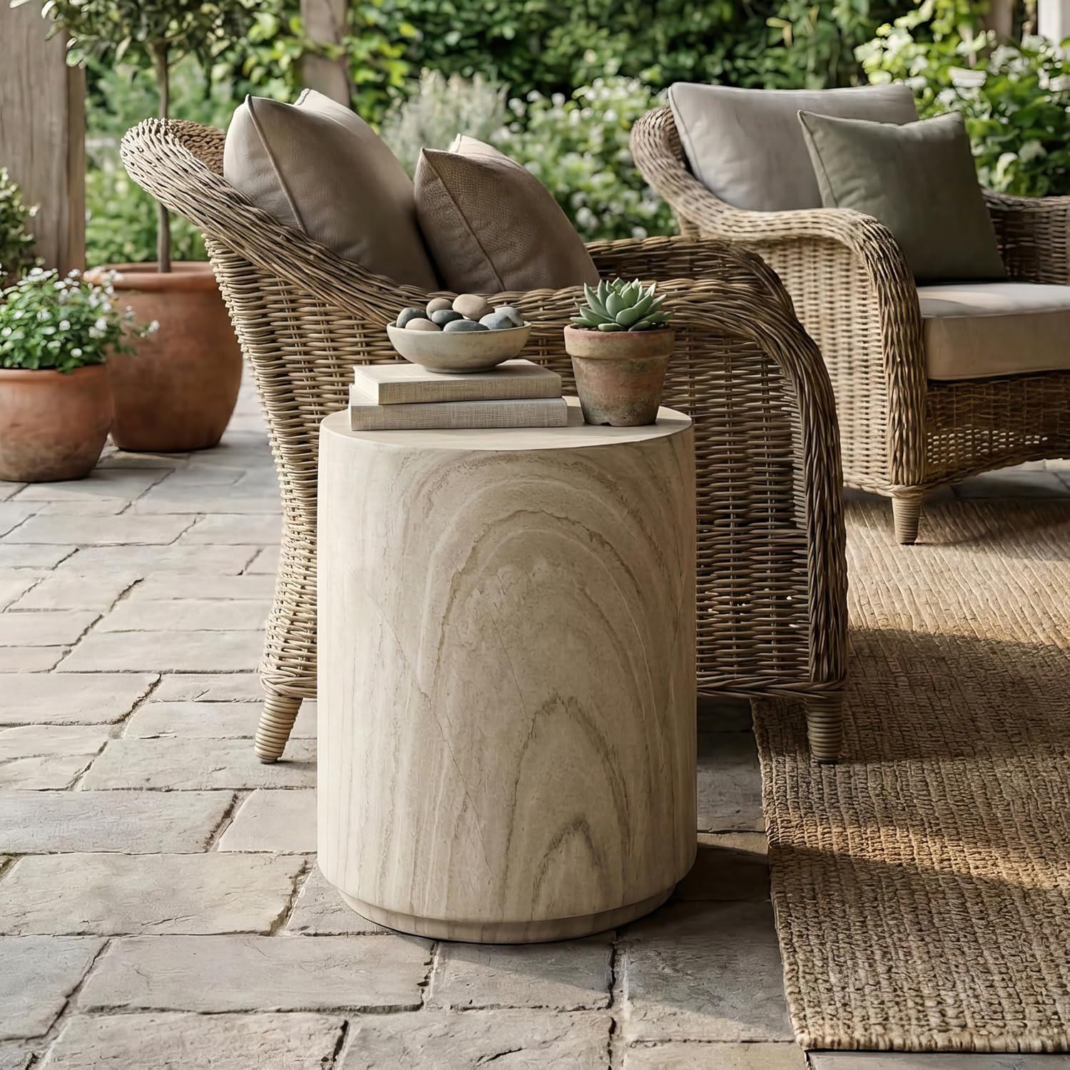Beige Stone Round Drum Side Table