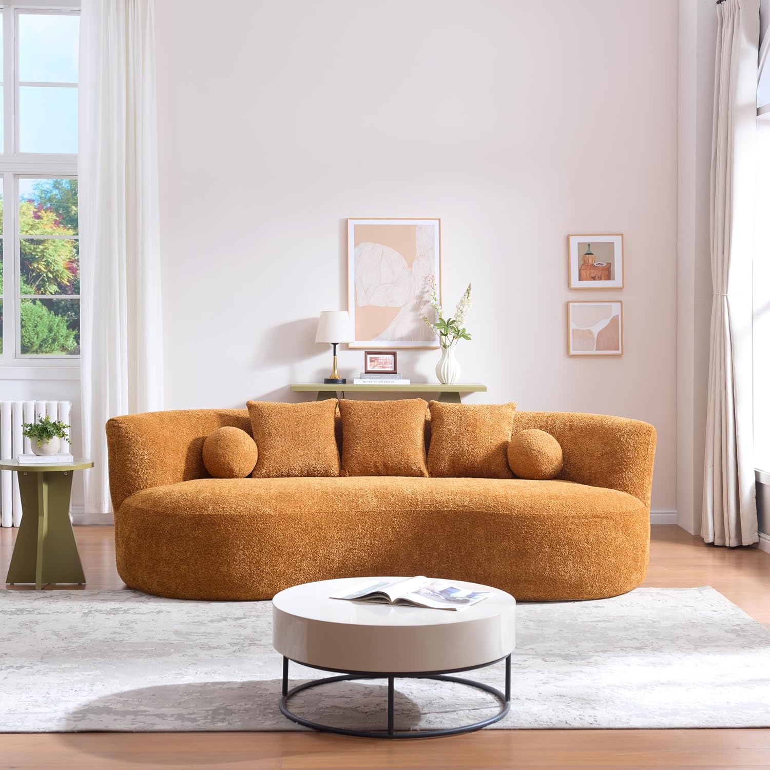 Camel Boucle Curved Three Seater Sofa