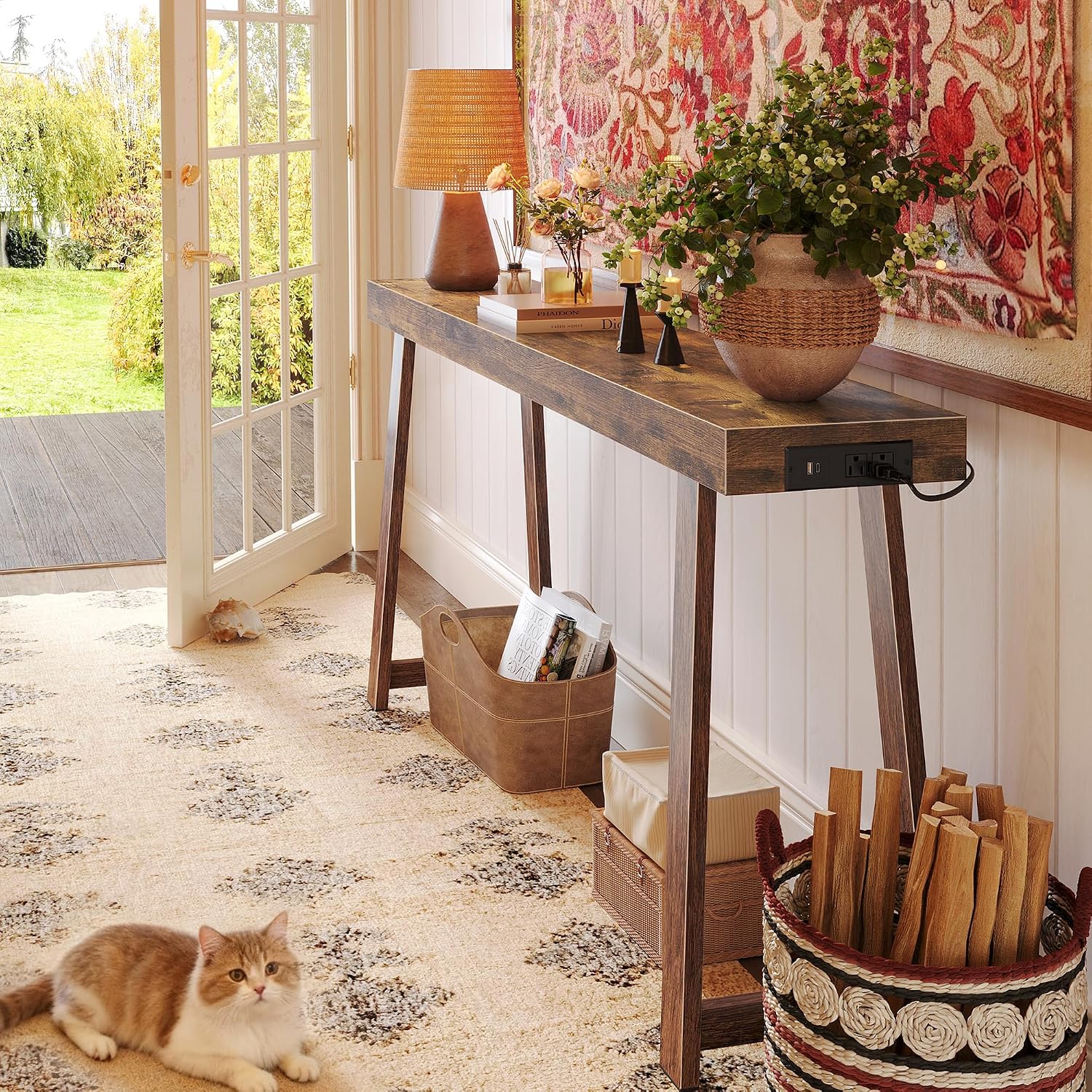 Rustic Brown Charging Console Table